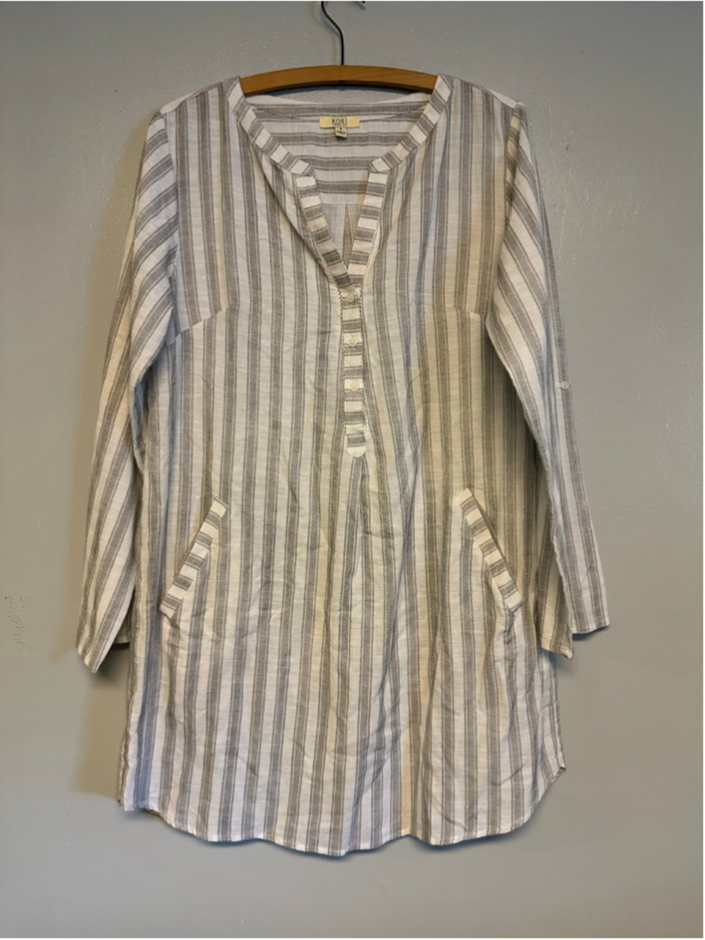 Kori America Striped Tunic Blouse Size Small Long Sleeve Cotton Linen Blend